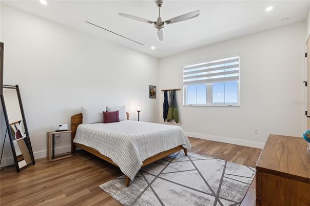 Bedroom, Interior, Recessed Lighting, Wood Texture Flooring