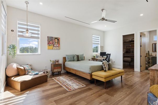 Bedroom, Interior, Pendant Lights, Recessed Lighting, Wood Texture Flooring
