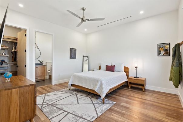 Bedroom, Interior, Recessed Lighting, Wood Texture Flooring