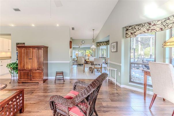 Dining room, Interior, Pendant Lights, Recessed Lighting, Wood Texture Flooring