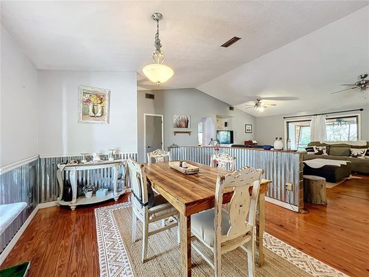 Dining room, Interior, Living room, Pendant Lights, Wood Texture Flooring