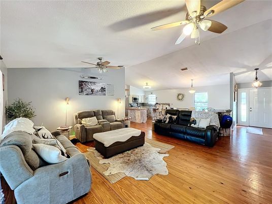 Interior, Kitchen, Living room, Pendant Lights, Wood Texture Flooring
