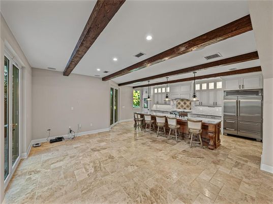 Interior, Kitchen, Pendant Lights, Recessed Lighting, Stainless Steel Appliances, Wooden Beams