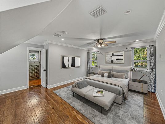 Bedroom, Interior, Recessed Lighting, Wood Texture Flooring