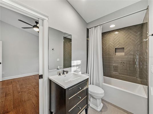 Bathroom, Glass Shower, Interior, Recessed Lighting, Wood Texture Flooring