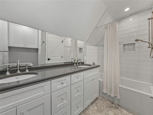 Bathroom, Dual Sink Vanities, Interior, Marble, Recessed Lighting