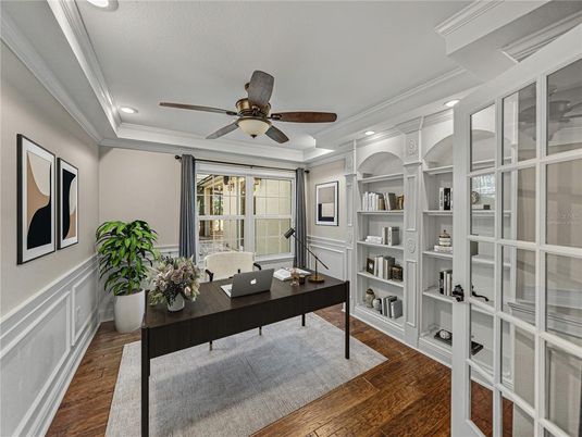 Home Office, Interior, Recessed Lighting, Wood Texture Flooring