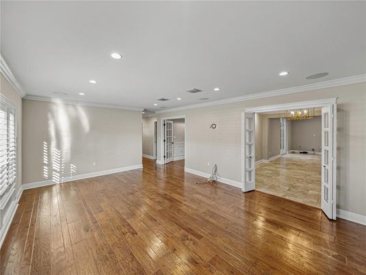 Chandelier, Empty room, Interior, Recessed Lighting, Wood Texture Flooring
