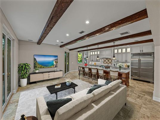 Interior, Kitchen, Living room, Pendant Lights, Recessed Lighting, Stainless Steel Appliances, Wooden Beams