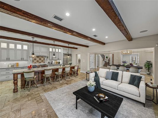 Interior, Kitchen, Living room, Pendant Lights, Recessed Lighting, Wooden Beams