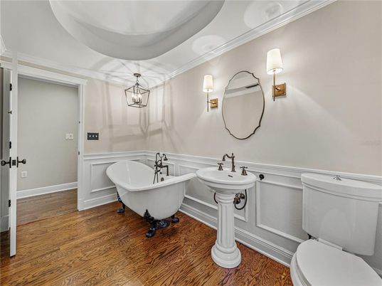 Bathroom, Dual Sink Vanities, Free Standing Baths, Interior, Pendant Lights, Wood Texture Flooring