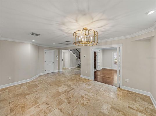 Chandelier, Empty room, Interior, Recessed Lighting, Wood Texture Flooring