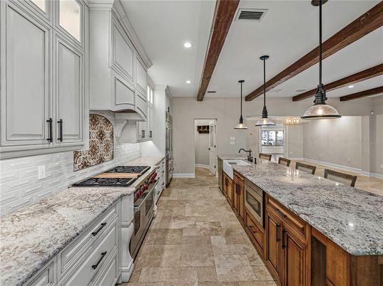 Interior, Kitchen, Pendant Lights, Recessed Lighting, Stainless Steel Appliances, Wooden Beams