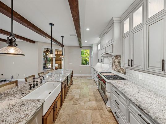 Interior, Kitchen, Pendant Lights, Recessed Lighting, Stainless Steel Appliances, Wooden Beams