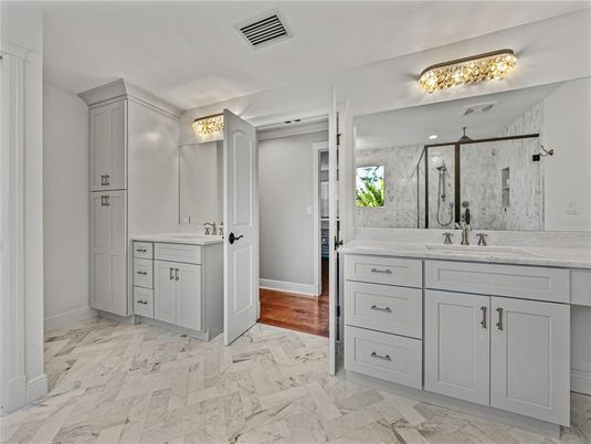 Bathroom, Dual Sink Vanities, Interior, Marble, Recessed Lighting