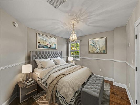Bedroom, Chandelier, Interior, Wood Texture Flooring