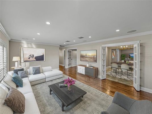 Dining room, Interior, Living room, Recessed Lighting, Wood Texture Flooring