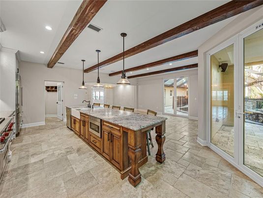 Interior, Kitchen, Pendant Lights, Recessed Lighting, Wooden Beams