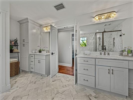 Bathroom, Dual Sink Vanities, Interior, Marble, Recessed Lighting