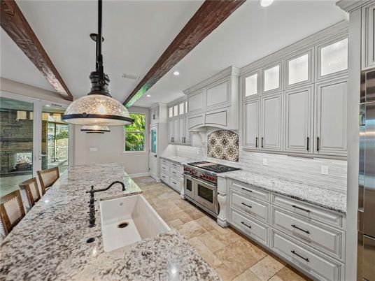Interior, Kitchen, Pendant Lights, Recessed Lighting, Stainless Steel Appliances, Wooden Beams