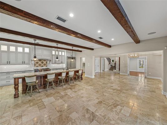 Interior, Kitchen, Pendant Lights, Recessed Lighting, Wooden Beams