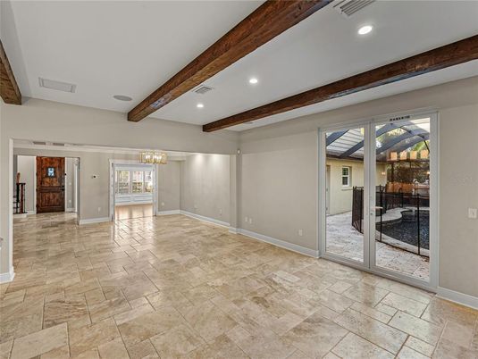 Empty room, Interior, Recessed Lighting, Wooden Beams