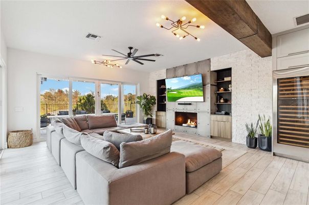 Fireplace, Interior, Living room, Pendant Lights, Wood Texture Flooring