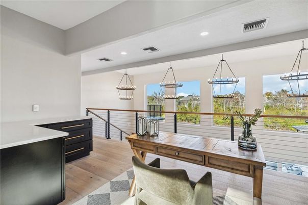Home Office, Interior, Pendant Lights, Recessed Lighting, Wood Texture Flooring