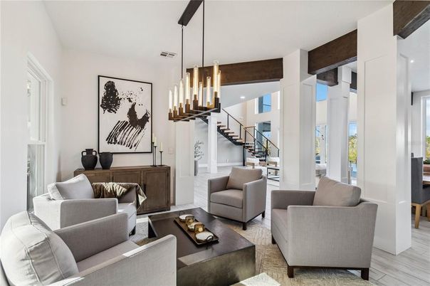 Interior, Living room, Pendant Lights, Recessed Lighting, Wood Texture Flooring