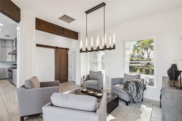 Interior, Kitchen, Living room, Pendant Lights, Recessed Lighting, Wooden Beams, Wood Texture Flooring