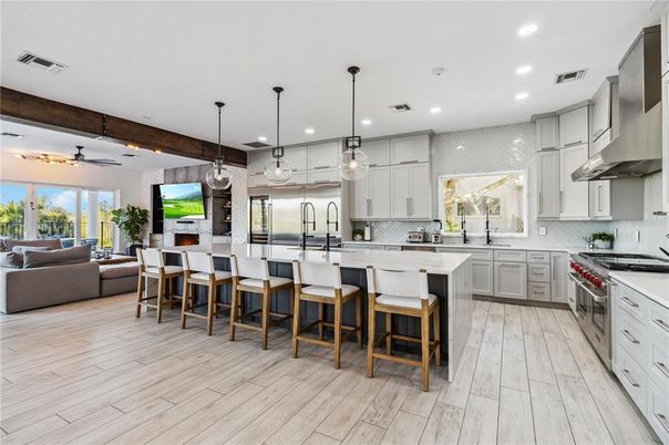 Interior, Kitchen, Living room, Pendant Lights, Recessed Lighting, Stainless Steel Appliances, Wood Texture Flooring