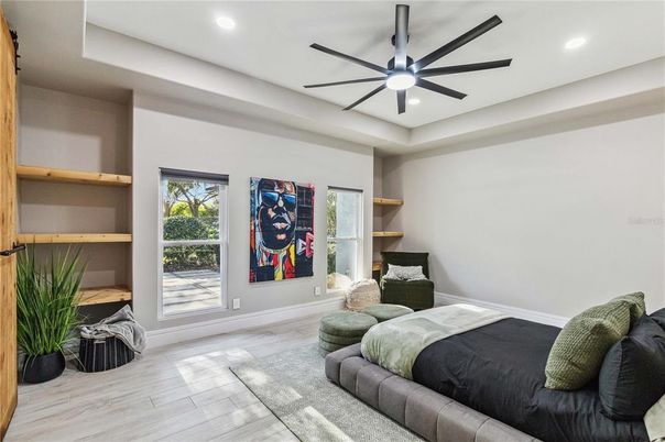 Bedroom, Interior, Recessed Lighting, Wood Texture Flooring