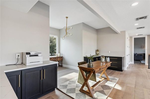 Home Office, Interior, Pendant Lights, Recessed Lighting, Wood Texture Flooring