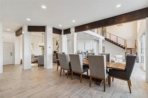 Dining room, Interior, Pendant Lights, Recessed Lighting, Wooden Beams, Wood Texture Flooring