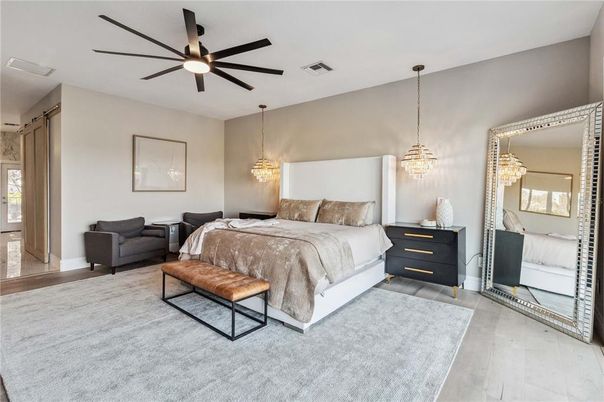 Bedroom, Chandelier, Interior, Pendant Lights, Wood Texture Flooring