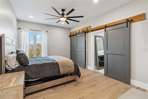 Bedroom, Interior, Recessed Lighting, Wood Texture Flooring