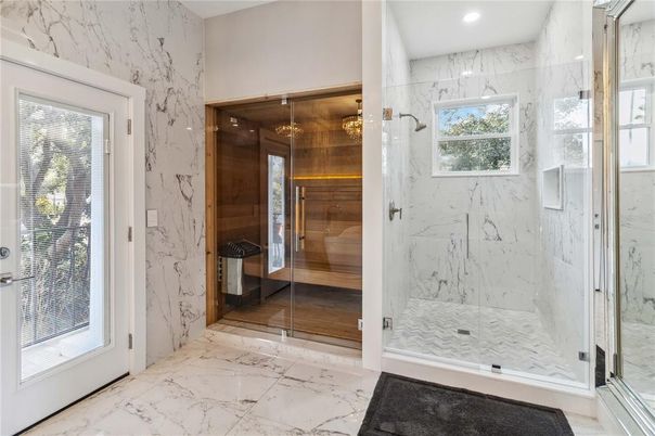 Bathroom, Glass Shower, Interior, Marble, Marble Walls, Recessed Lighting, Sauna Room