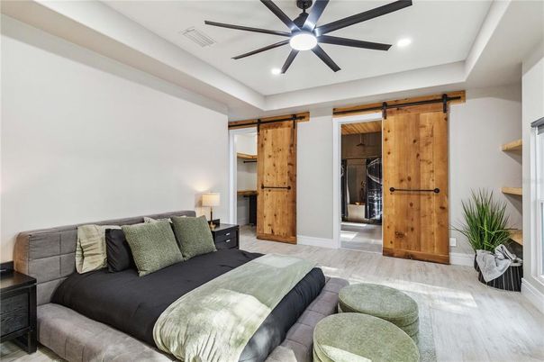 Bedroom, Interior, Recessed Lighting, Wood Texture Flooring