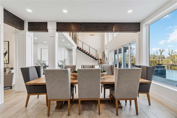 Dining room, Interior, Pendant Lights, Recessed Lighting, Wood Texture Flooring