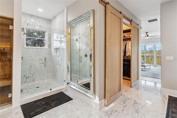 Bathroom, Glass Shower, Interior, Marble, Marble Walls, Recessed Lighting, Walk-in Closets