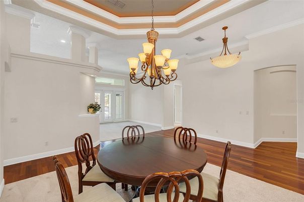 Chandelier, Dining room, Interior, Wood Texture Flooring