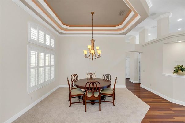 Chandelier, Dining room, Interior, Recessed Lighting, Wood Texture Flooring