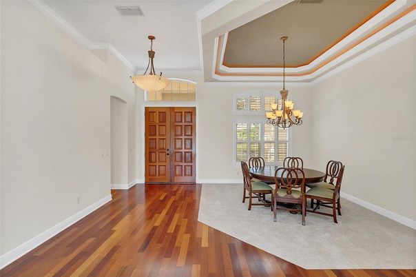Chandelier, Dining room, Interior, Pendant Lights, Wood Texture Flooring