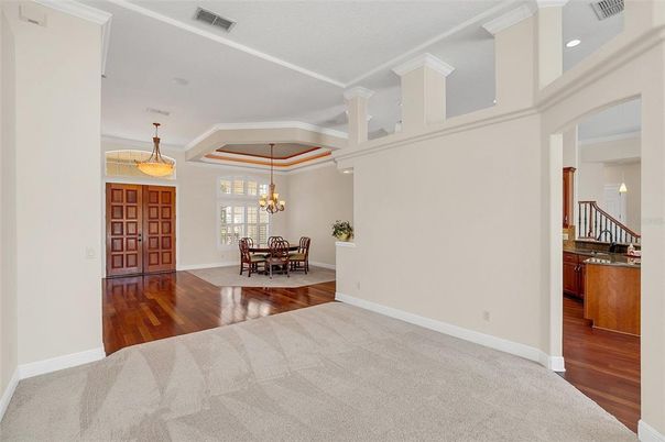 Chandelier, Dining room, Interior, Pendant Lights, Recessed Lighting, Wood Texture Flooring