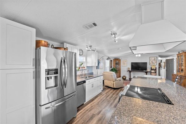 Interior, Kitchen, Living room, Stainless Steel Appliances, Wood Texture Flooring