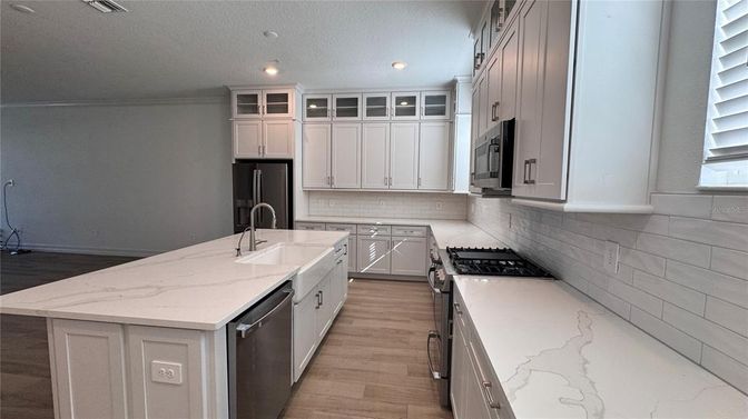 Interior, Kitchen, Recessed Lighting, Stainless Steel Appliances, Wood Texture Flooring