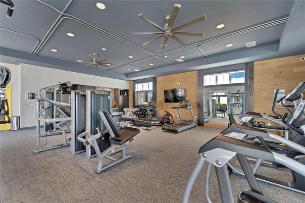 Fitness Equipment, Gym, Interior, Recessed Lighting, Wooden Walls