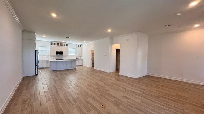 Empty room, Interior, Kitchen, Recessed Lighting, Wood Texture Flooring