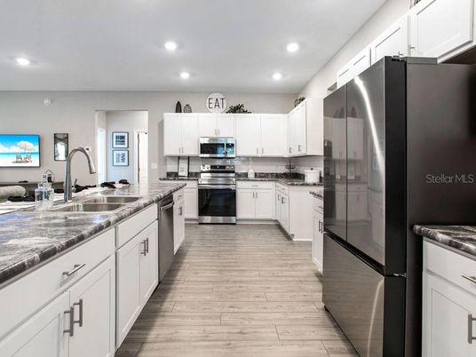 Interior, Kitchen, Recessed Lighting, Stainless Steel Appliances, Wood Texture Flooring