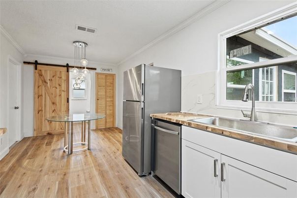 Interior, Kitchen, Pendant Lights, Stainless Steel Appliances, Wood Texture Flooring